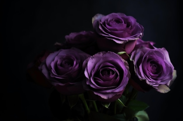 Sfondo romantico lunatico scuro delle rose viola Sfondo della carta dei fiori del primo piano Ai generato