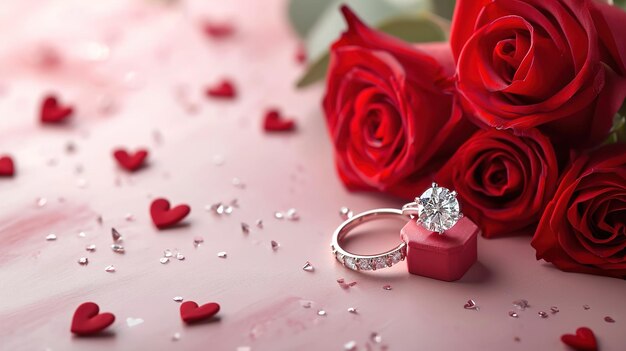 Sfondo romantico per San Valentino e invito a nozze Sfondo di amore con anello di lusso con cuori di rose