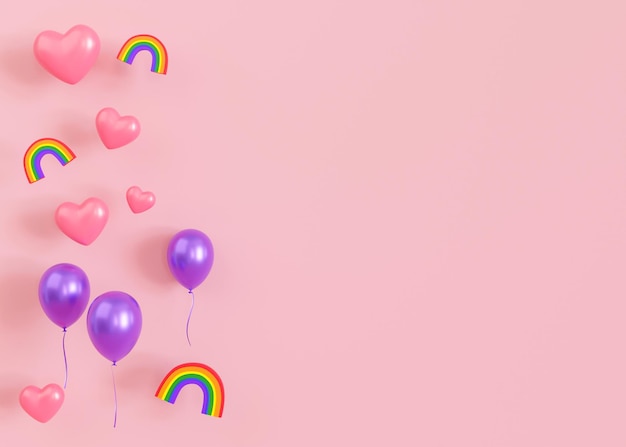 Sfondo rosa con cuori palloncini arcobaleni con colori lgbt Copia spazio San Valentino Sfondo matrimonio Spazio vuoto per testo pubblicitario Diversità omosessualità Comunità LGBT rendering 3D