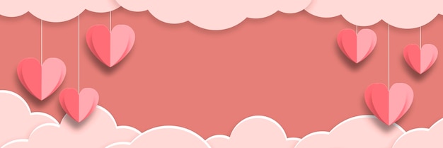 Sfondo rosa con cuori rossi e nuvole Modello mockup banner concetto Spazio copia San Valentino