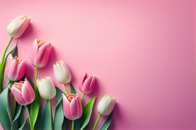 Sfondo rosa con fiori di tulipano fresco ai generativo