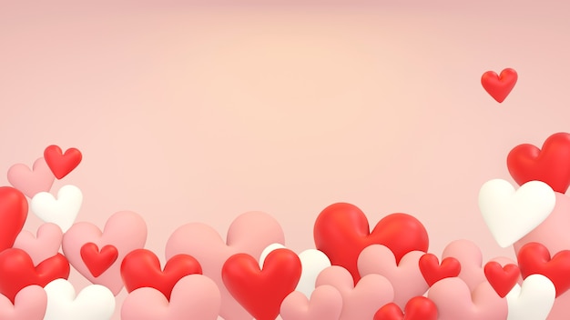 Sfondo rosa con forme di cuore intorno nella parte inferiore per il concetto di San Valentino, 3d'illustrazione. Rendering 3D