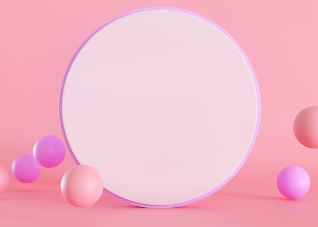 Sfondo rosa con sfere 3d e spazio vuoto per il testo Forma circolare vuota con spazio per la copia Posiziona qui il logo del tuo annuncio pubblicitario Colori vivaci Rendering 3D