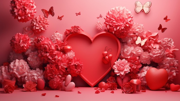 sfondo rosa decorato con palloncini a cuore e fiori