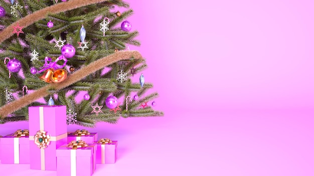 Sfondo rosa di Natale con scatole regalo rosa albero di Natale e spazio di copia d rendering