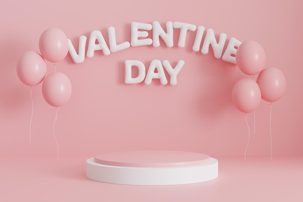 Sfondo rosa di san valentino con display del prodotto e palloncini con scritta rendering 3d