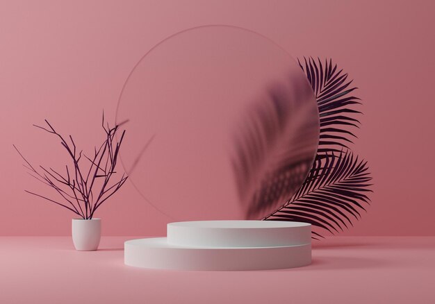 sfondo rosa minimale e foglia naturale e ramo con mockup podio piedistallo bianco, display prodotto