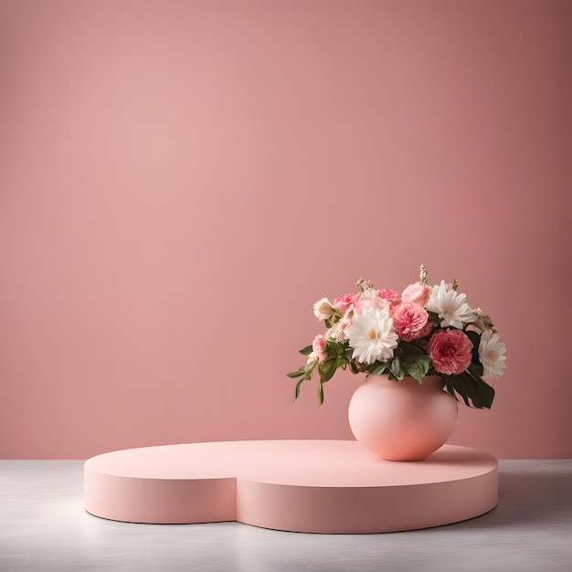 Sfondo rosa minimalista con podio rotondo e un mazzo di fiori in un vaso