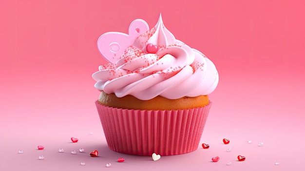 Sfondo rosa per cupcake di San Valentino al gusto di vaniglia con un cuore cremisi in cima fatto usin...