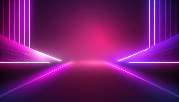 Sfondo rosa viola astratto con linee al neon e synthwave nebbia