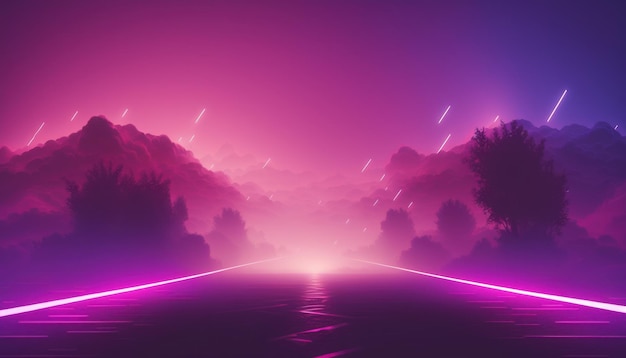 Sfondo rosa viola astratto con linee al neon e synthwave nebbia