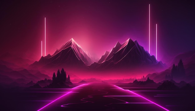 Sfondo rosa viola astratto con linee al neon e synthwave nebbia