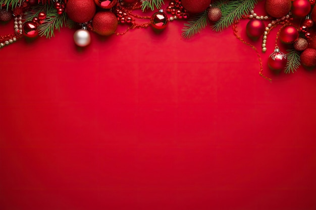 Sfondo rosso di Natale o Capodanno con decorazioni in abete