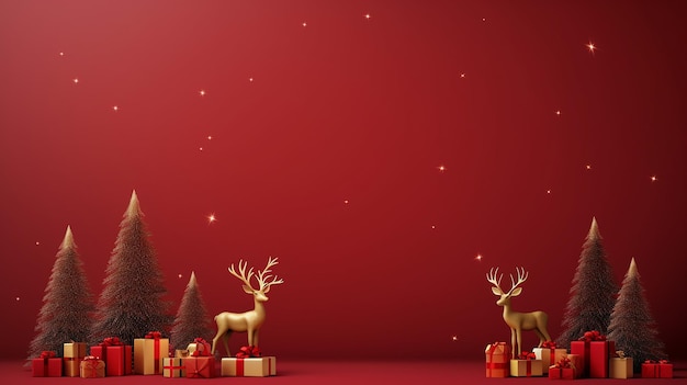 Sfondo rosso natalizio in stile minimalista con cornice di confine in realistico albero di Natale