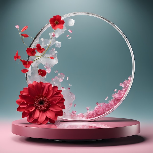 sfondo rotondo podio petali di fiori onde