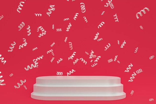 Sfondo scena astratta con podio bianco su sfondo rosso, coriandoli e coriandoli per la presentazione di prodotti cosmetici