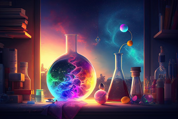 Sfondo scientifico illustrazione progettazione scientifica Boccette di vetro e elementi di fisica chimica