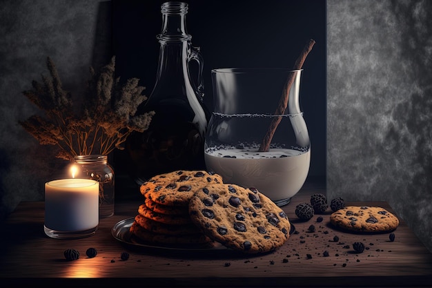 Sfondo scuro con tradizionali biscotti al cioccolato e un bicchiere di latte