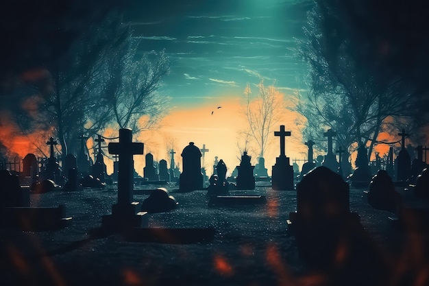 Sfondo scuro e cupo halloween cimitero AI