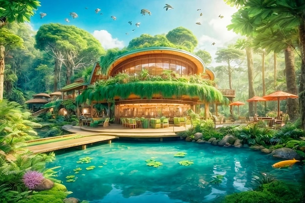 sfondo selvaggio illustrazione della foresta con alberi di cartone animato Barca Treno Castello amp natura scenario giungla