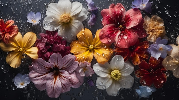 Sfondo senza giunture di fiori freschi visibile con goccia di pioggia d'acqua Vista dall'alto piatta generata dall'IA