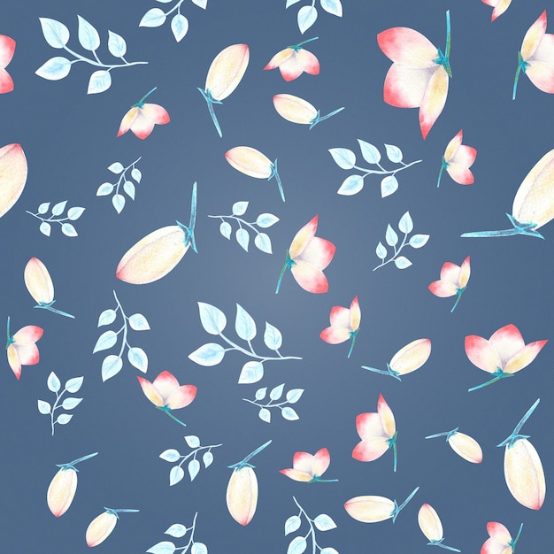Sfondo senza soluzione di continuità con fiori di elleboro rosa, boccioli, foglie, rami decorativi su sfondo blu. Illustrazione ad acquerello, fatta a mano.