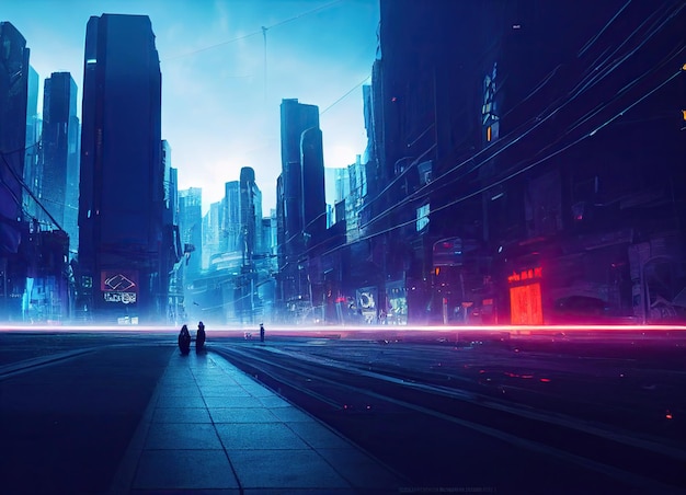 Sfondo serale di strada cyberpunk con neon futuristico e luce ultravioletta