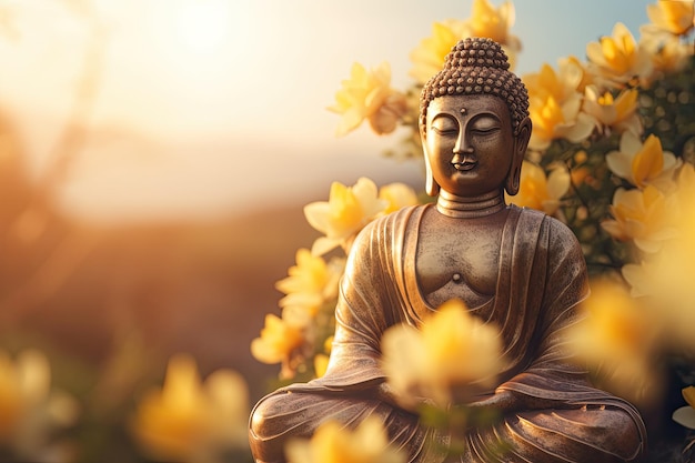 Sfondo sfocato con fiori e cielo illuminati dal sole della statua del Buddha