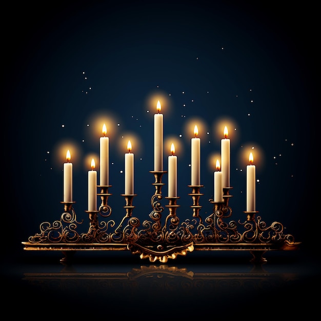 Sfondo simbolo felice di hanukkah con candele accese in menorah su sfondo blu ai generativa