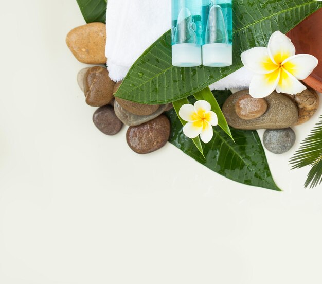 Sfondo spa con foglie verdi pietre fiori e cosmetici su bianco