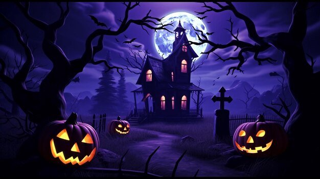 Sfondo spaventoso di Halloween con zucche e alberi di casa spaventosi vicino al cimitero