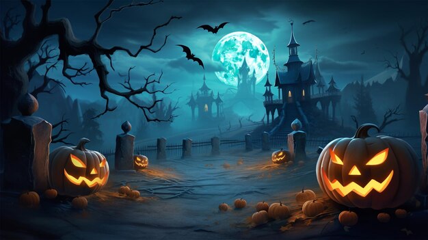 sfondo spaventoso di Halloween con zucche e luna