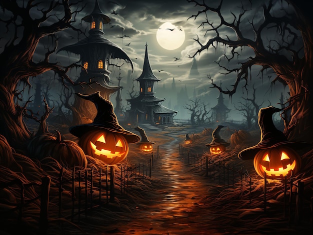 Sfondo spettrale di Halloween con Jack O Lanterns Grave Yard e alberi spaventosi IA generativa