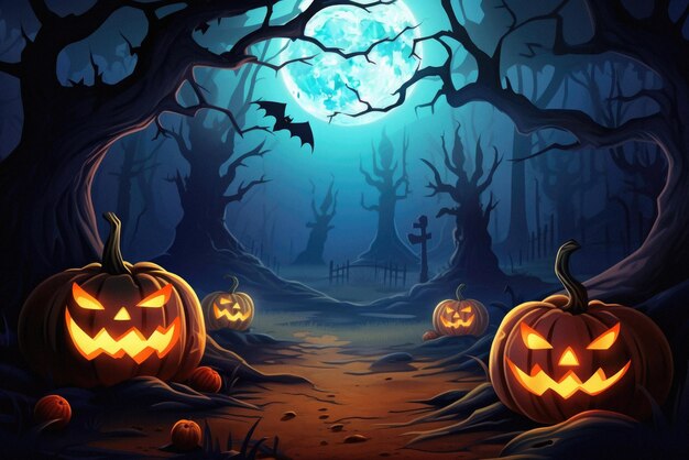 Sfondo spettrale di Halloween spaventoso jack o lanterna zucche inquietante castello della foresta