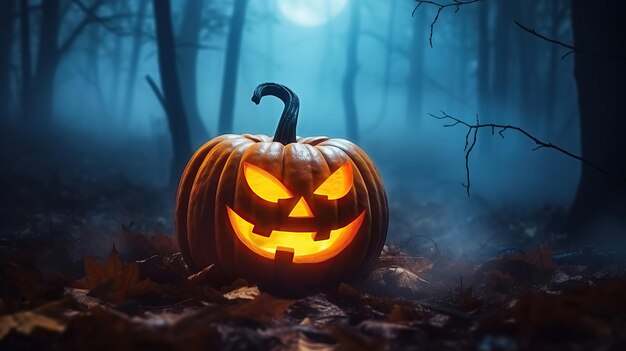 Sfondo spettrale di Halloween Una zucca spaventosa in una foresta infestata