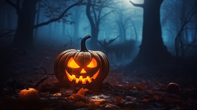 Sfondo spettrale di Halloween Una zucca spaventosa in una foresta infestata