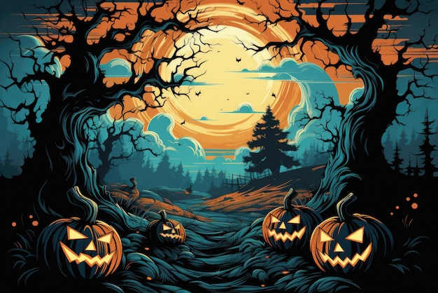 Sfondo spettrale di Halloween zucche spaventose jack o lantern nella foresta inquietante