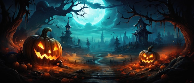 Sfondo spettrale di Halloween zucche spaventose jack o lantern nella foresta inquietante