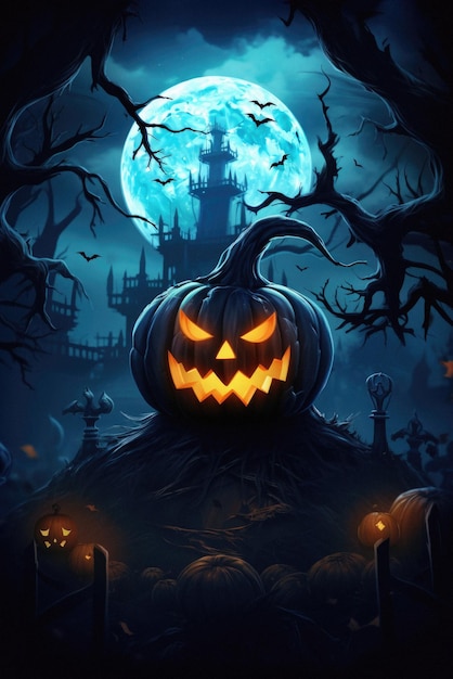 Sfondo spettrale di Halloween zucche spaventose jack o lantern nella foresta inquietante