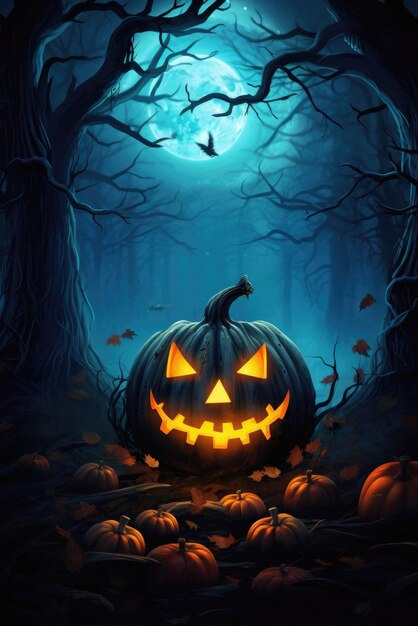 Sfondo spettrale di Halloween zucche spaventose jack o lantern nella foresta inquietante