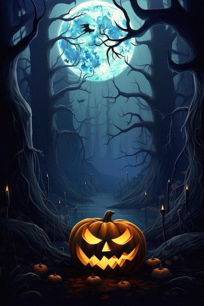 Sfondo spettrale di Halloween zucche spaventose jack o lantern nella foresta inquietante