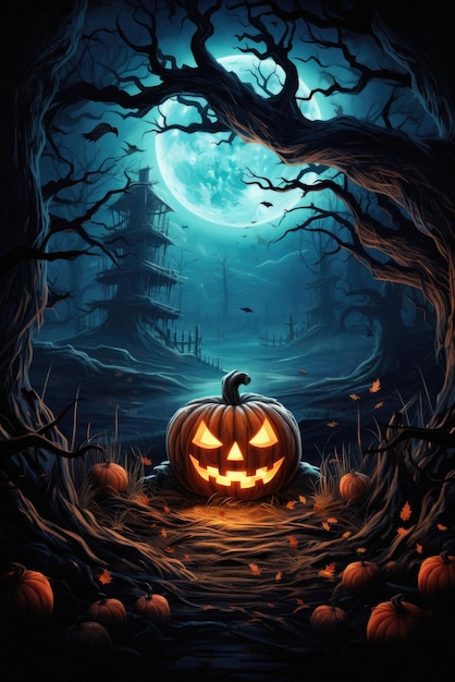 Sfondo spettrale di Halloween zucche spaventose jack o lantern nella foresta inquietante