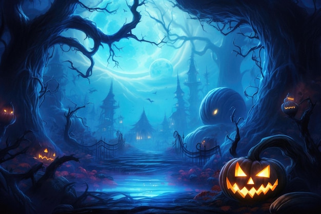 Sfondo spettrale di Halloween zucche spaventose jack o lantern nella foresta inquietante