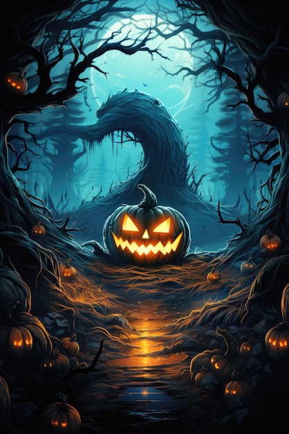 Sfondo spettrale di Halloween zucche spaventose jack o lantern nella foresta inquietante