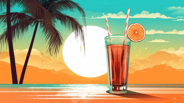 Sfondo spiaggia con palme e bevande fredde bevande nell'illustrazione della spiaggia Bere illustratio