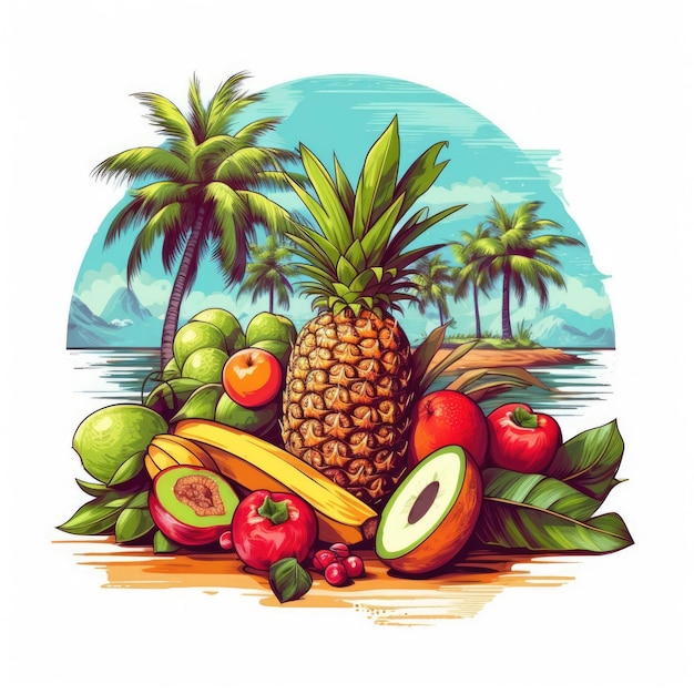 Sfondo spiaggia tropicale con palme e frutti esotici