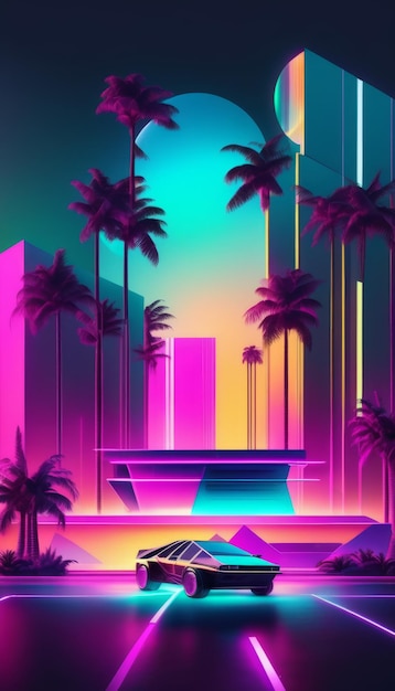 Sfondo stile Vaporwave Concept auto futuristica Generative Ai Retrowave sun