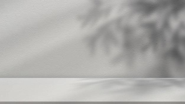 Sfondo studioOmbra con foglie riflesse dal raggio di sole sullo sfondo grigio del muro di cementoStanza studio bianca vuota con luce astratta sul pavimento di cementoSchermo di sfondo per la presentazione del prodotto