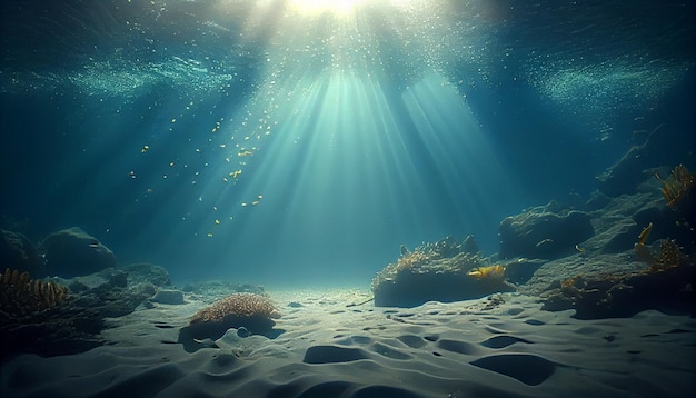 Sfondo subacqueo mare blu profondo e bel raggio di sole sotto il mare