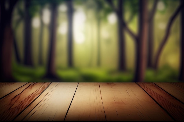 Sfondo tavolo in legno su una foresta di pini sfocata piatta Generative AI AIG15